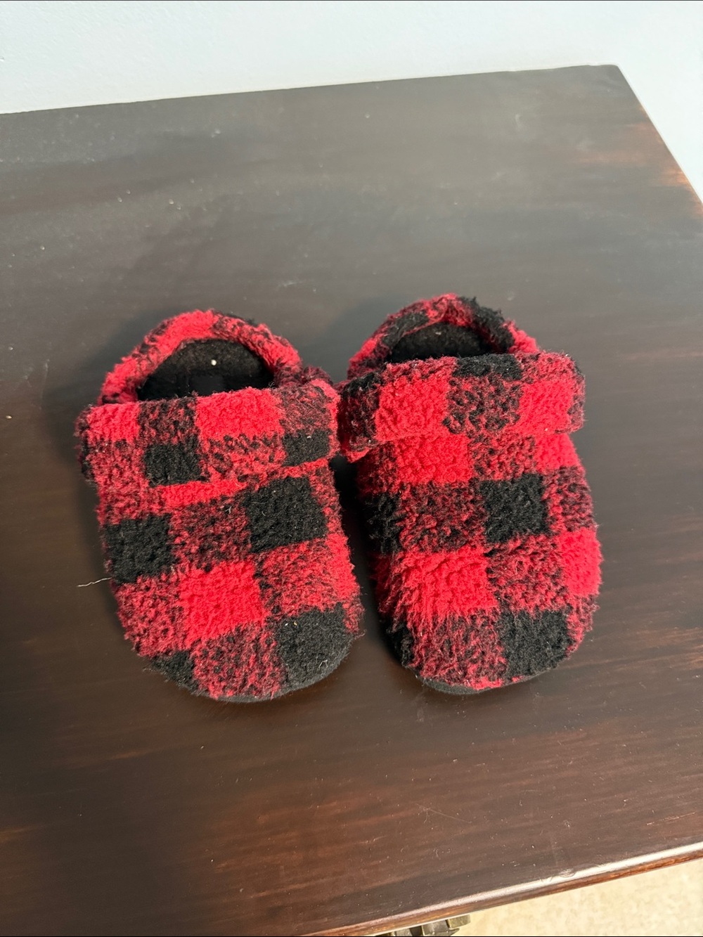 Toddler Croc Cozy Red and Black Buffalo Plaid Fuzzy Slippers